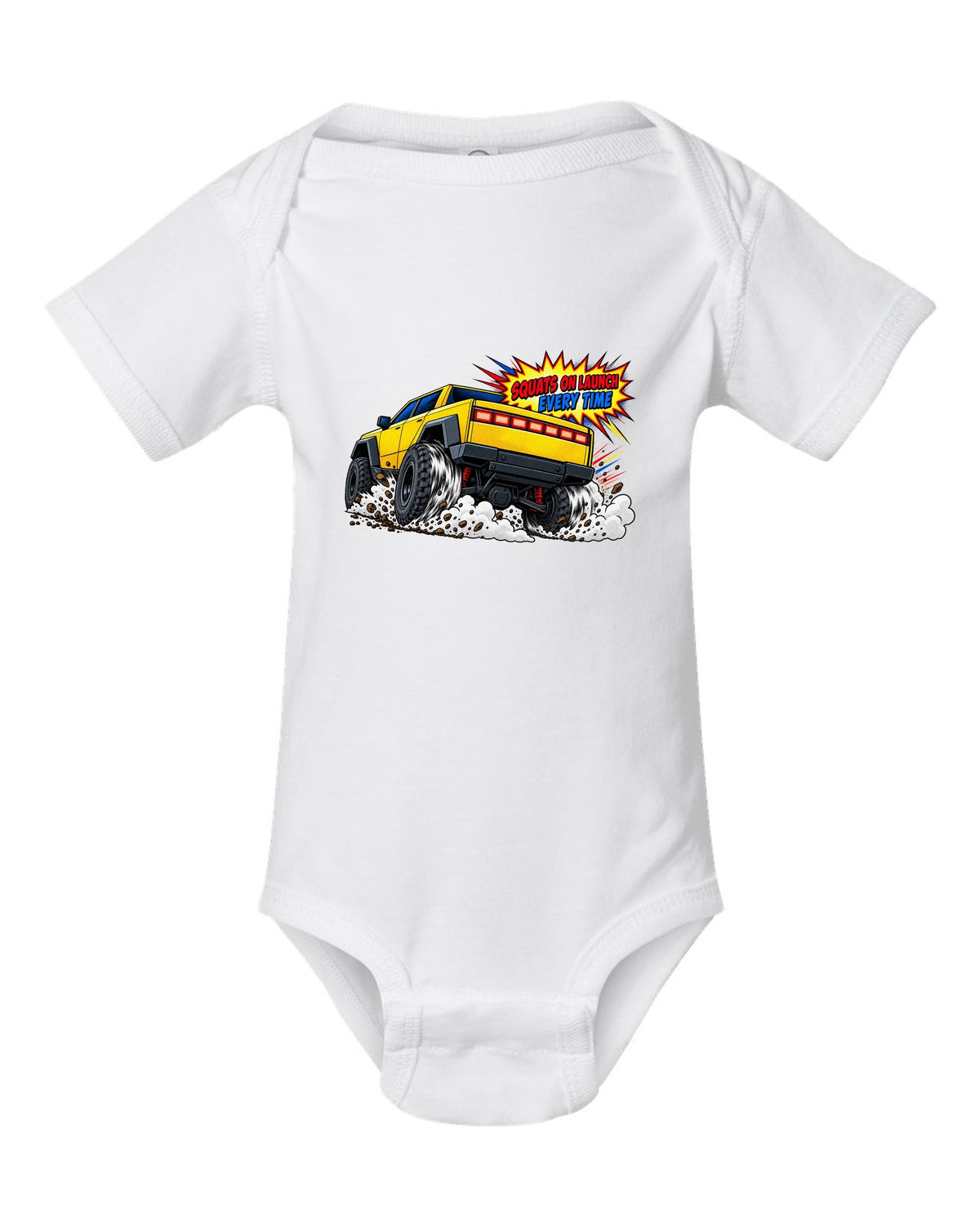 GMC Hummer EV comic halftone print with the words Squats On Launch Every Time white baby onesie front view with the design