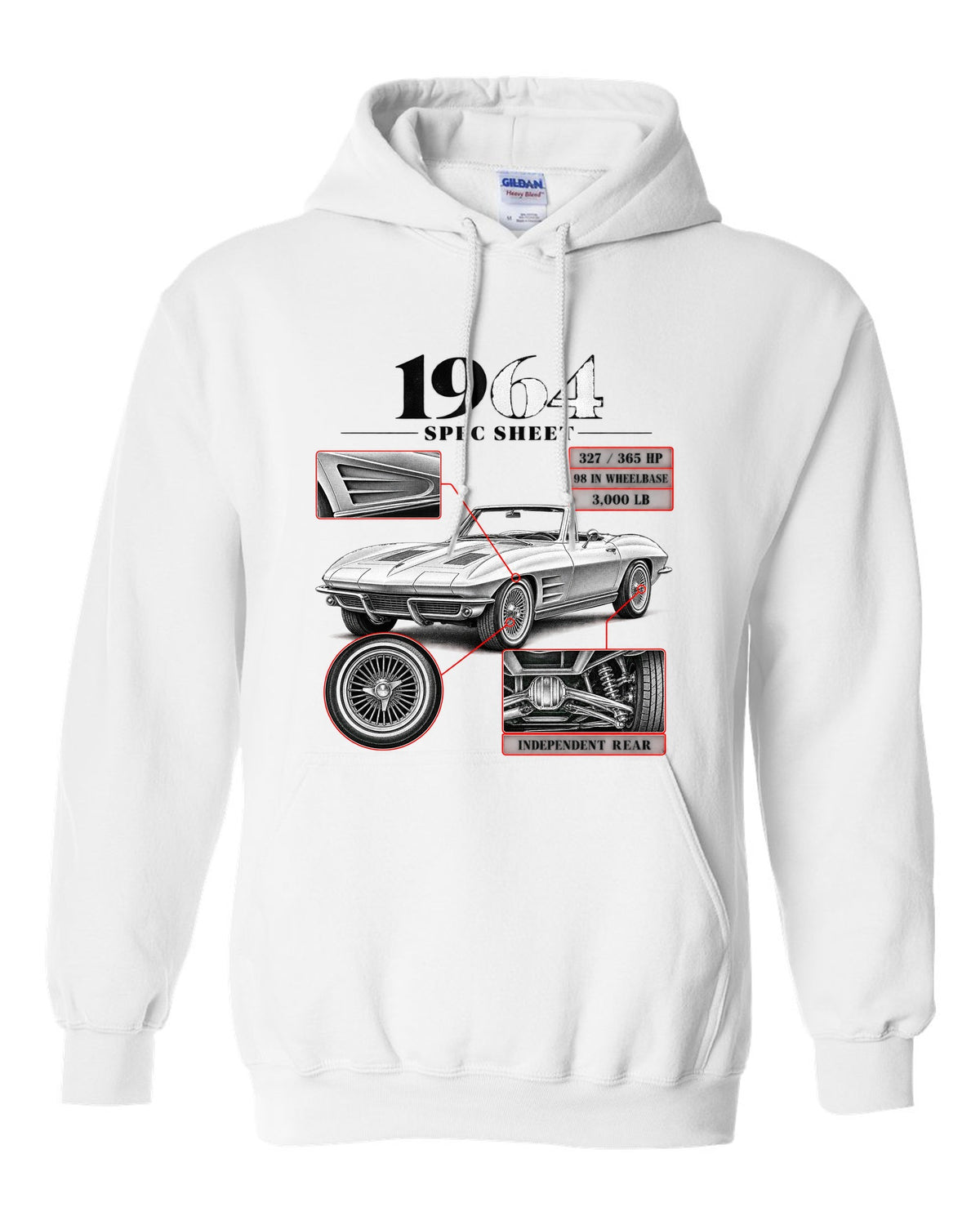 Chevrolet Corvette C2 Sting Ray 1964 convertible spec sheet print white pull over hoodie front view with the design