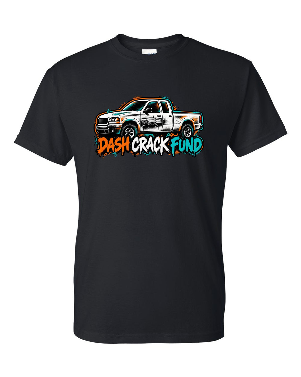 NBS Silverado GMT800 Spray Stencil Tee, Dash Crack Fund black t-shirt front view with the design
