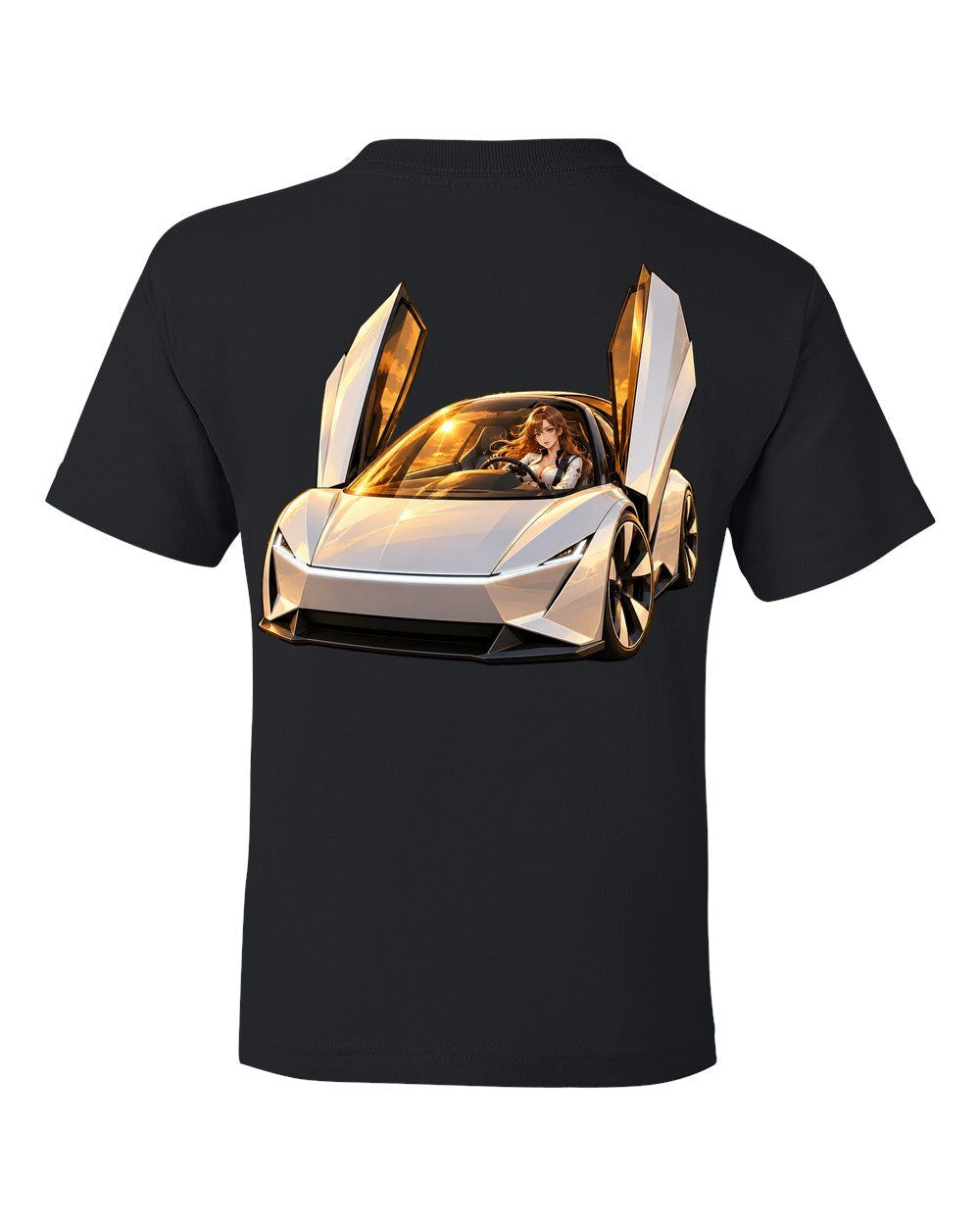 Tesla Roadster Golden Hour Anime Girl Kids Tee Black back