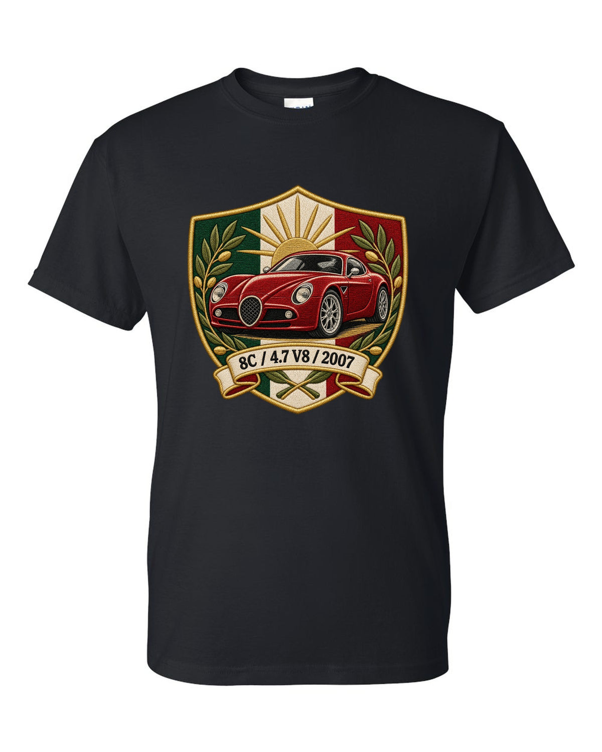 Embroidery style varsity crest for an Alfa Romeo 8C Competizione with 4.7 V8 and 2007 black t-shirt front view with the design