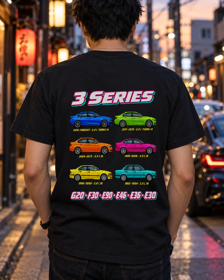BMW 3 Series Evolution Poster Full-Back Graphic Tee T-Shirt Black worn hero