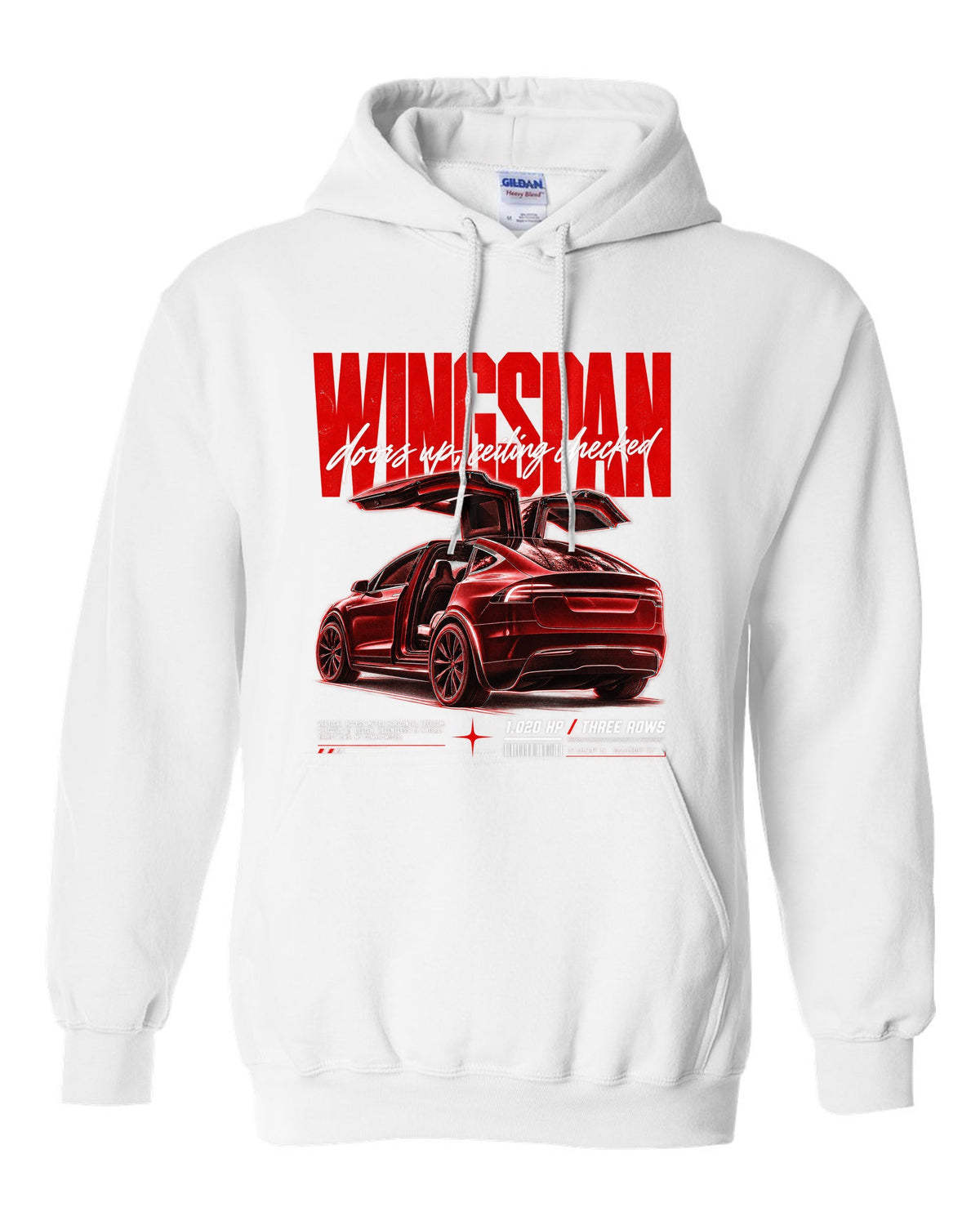 Tesla Model X Plaid 2021 with falcon doors raised in a street poster titled Wingspan white pull over hoodie front view with the design