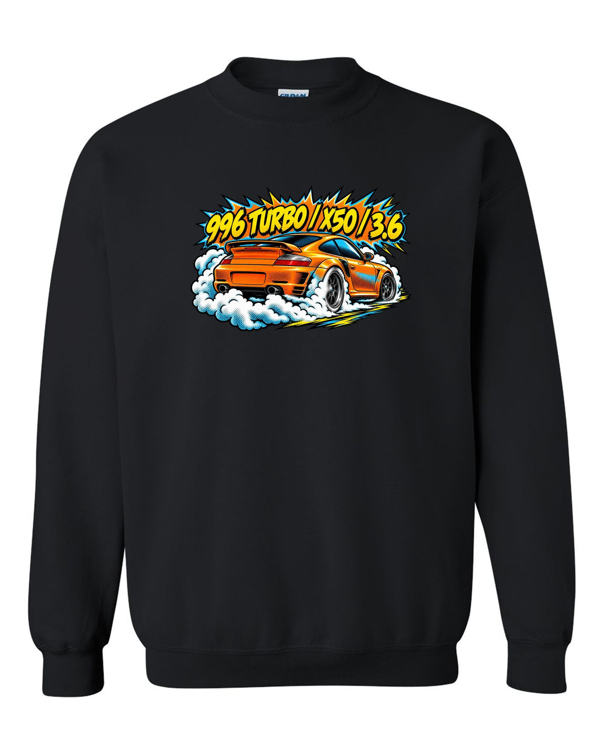 Porsche 996 Turbo comic halftone burnout burst design with X50 lettering black crewneck front view with the design