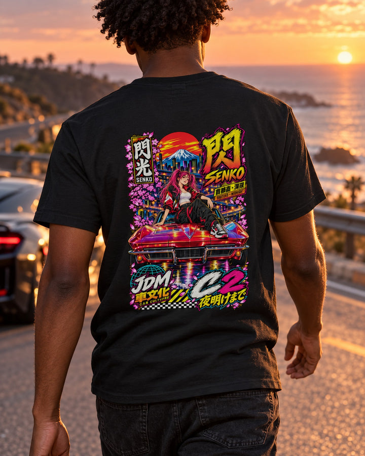 SENKO C2 Anime Girl Full-Back Graphic Tee T-Shirt Black worn hero