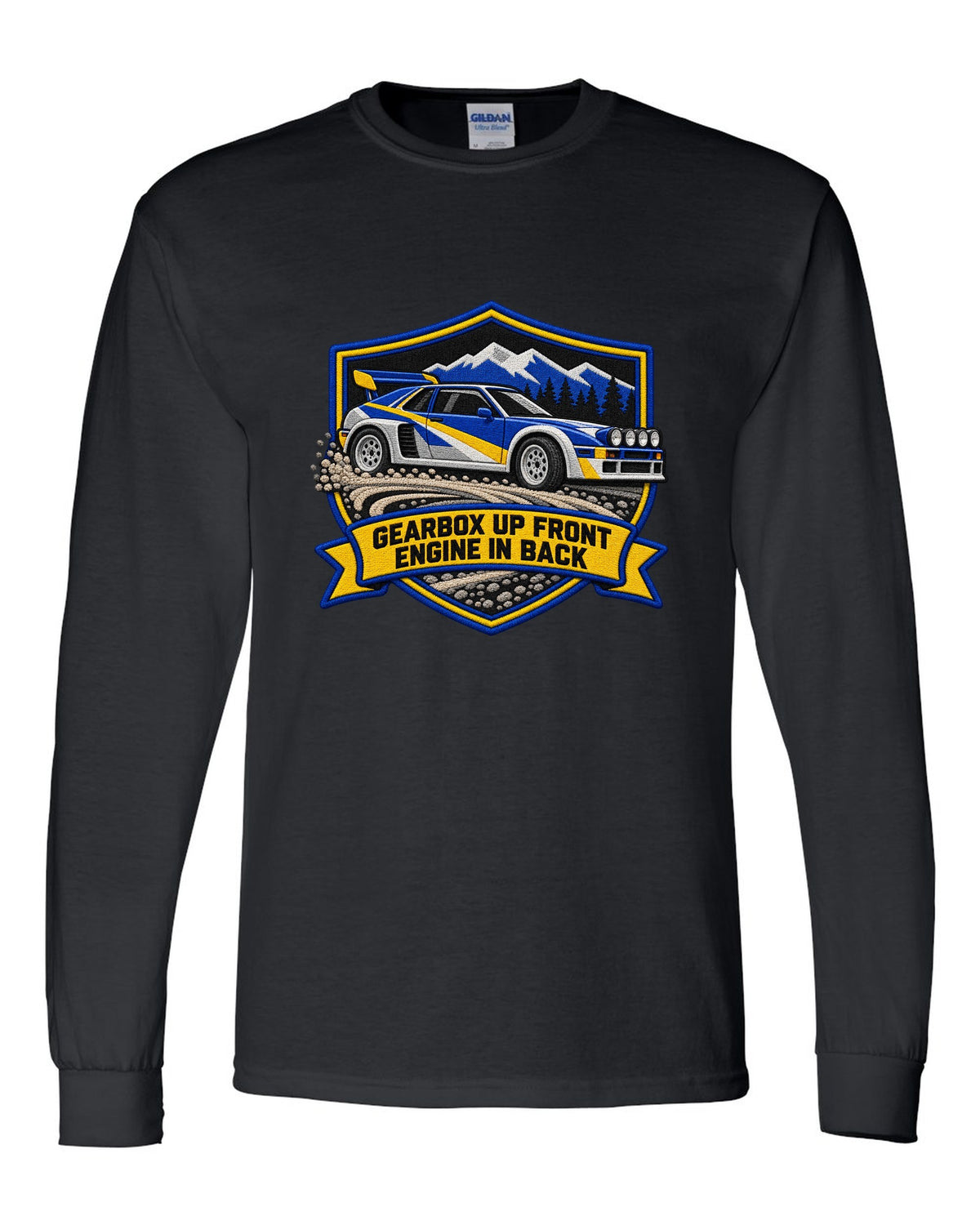 Varsity crest print of the Ford RS200 with gearbox up front, engine in back text black long sleeve front view with the design