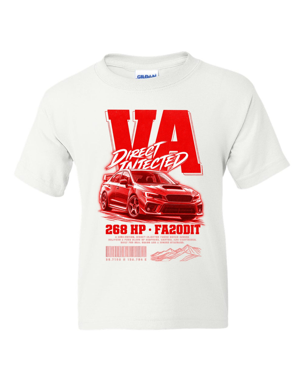 Street poster print for the Subaru WRX VA reading Direct Injected, 268 HP, FA20DIT white kids tee front view with the design