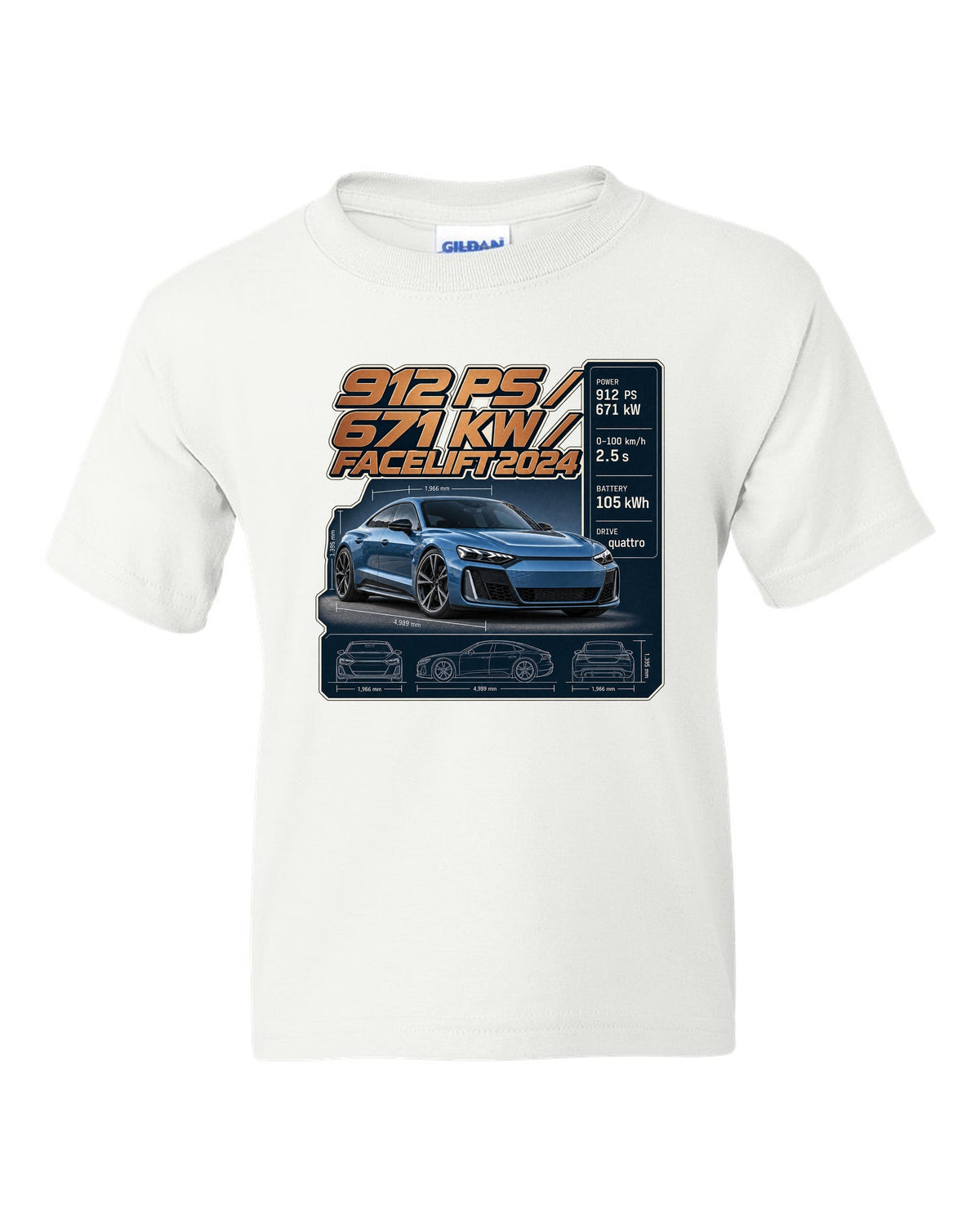 Audi RS e-tron GT performance facelift spec poster print design white kids tee front view with the design