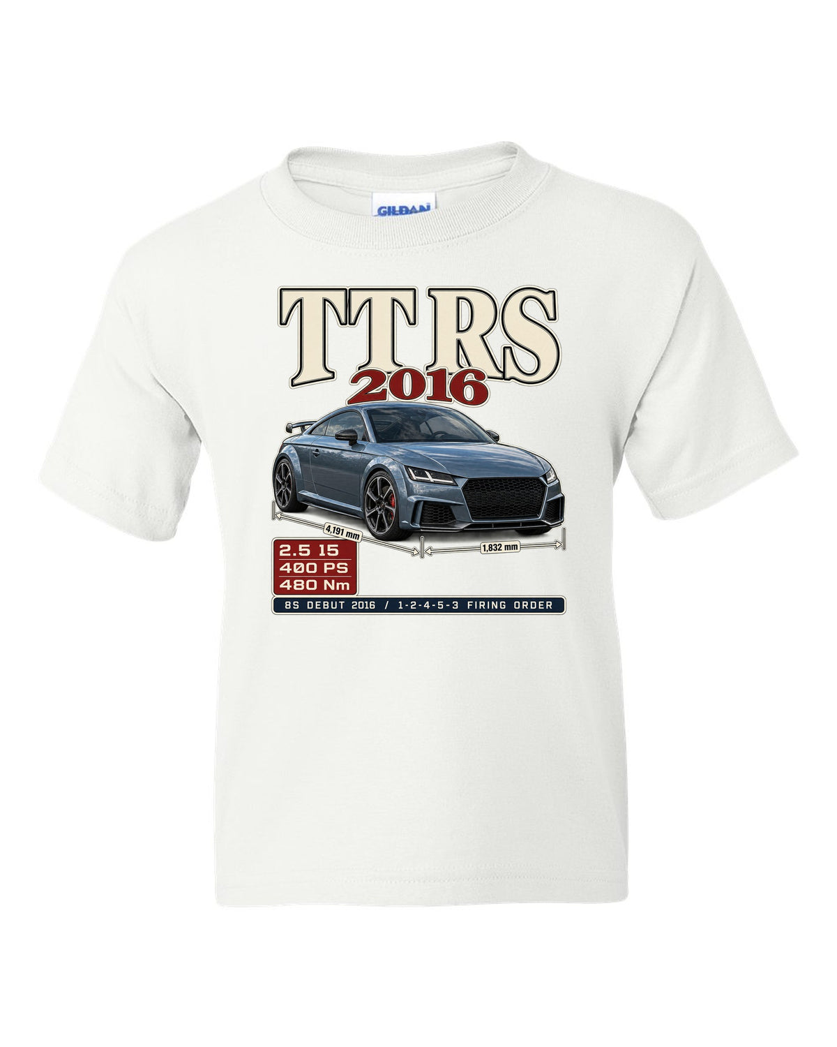 Audi TT RS 8S 2016 archive panel print with firing order white kids tee front view with the design