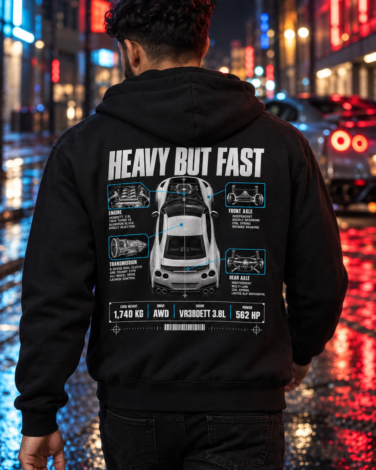 Nissan GT-R R35 Heavy But Fast Spec Poster Tee, VR38DETT Zip Hoodie Black worn hero