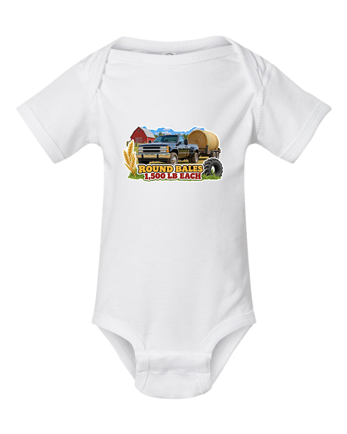 Sticker collage print of a 2010-2018 Ram 2500 6.7 hauling round bales with 1,500 lb each text white baby onesie front view with the design