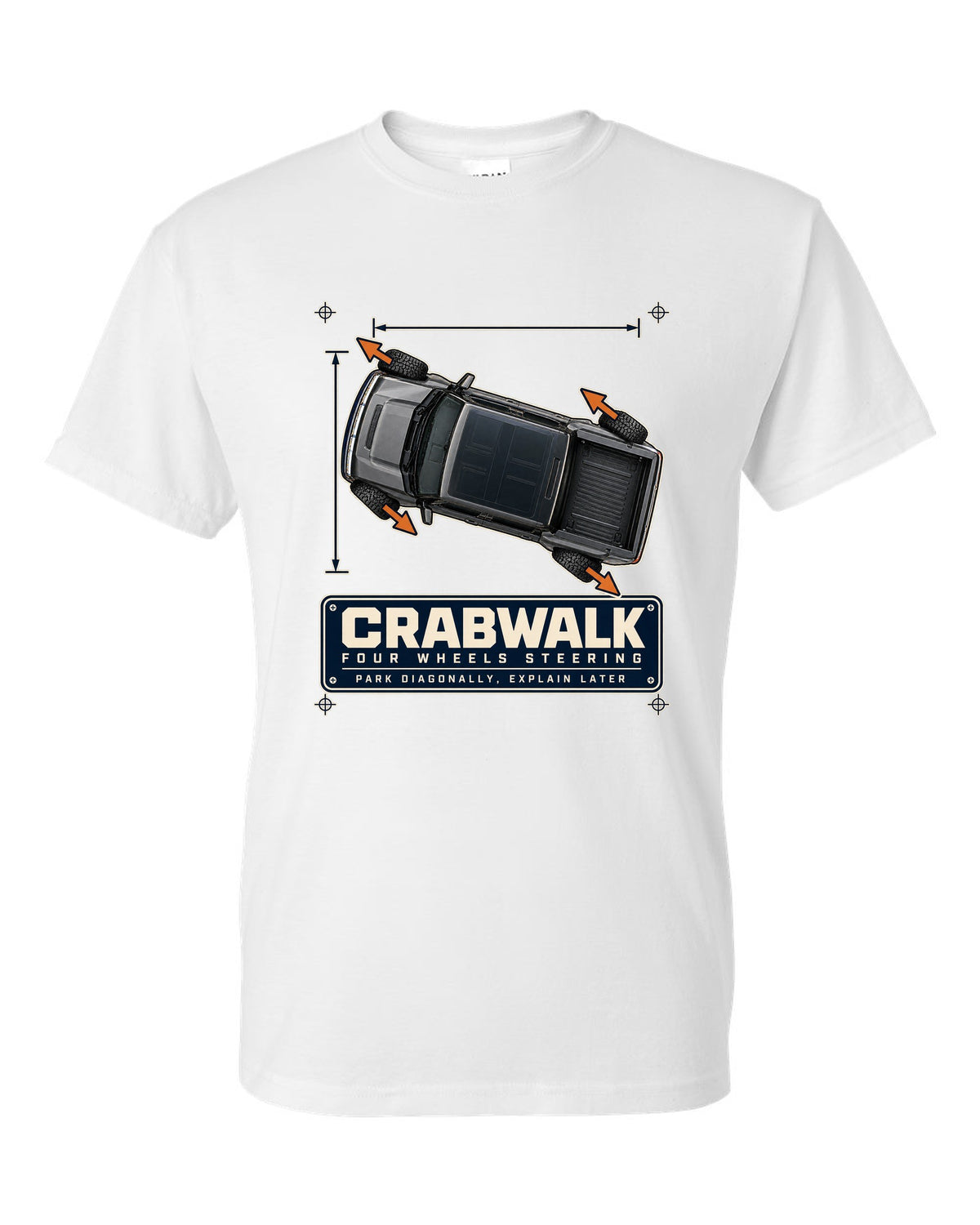 Top-view dimension blueprint print of a Hummer EV pickup showing CrabWalk diagonal steering white t-shirt front view with the design