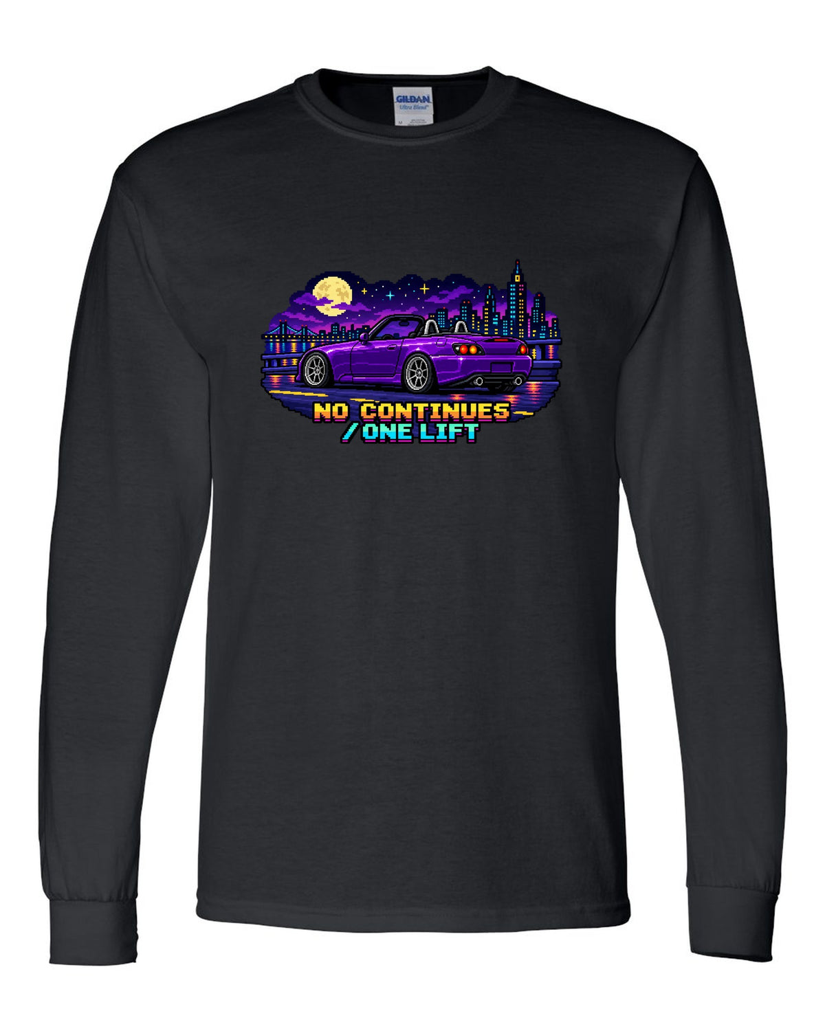 16-bit pixel art Honda S2000 AP2 roadster print with no continues one lift text black long sleeve front view with the design