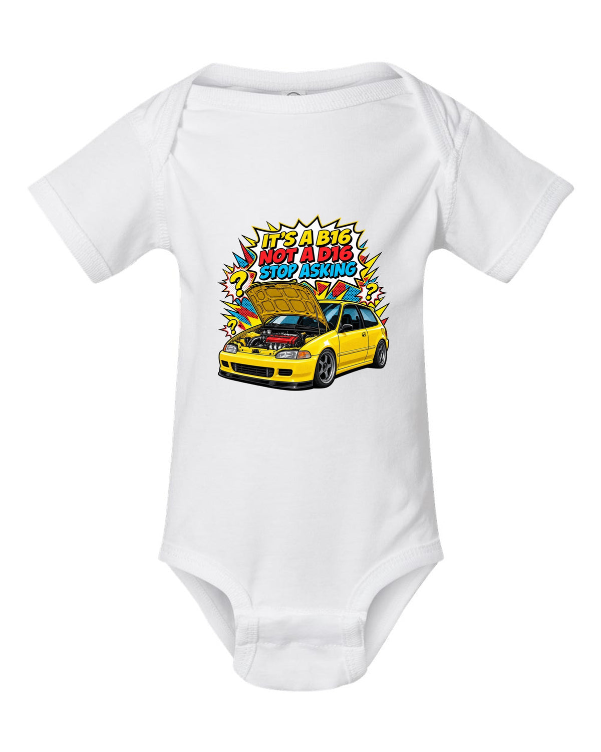 Comic action burst print of a 1992 Honda Civic EG6 ch with it's a B16 not a D16 text white baby onesie front view with the design