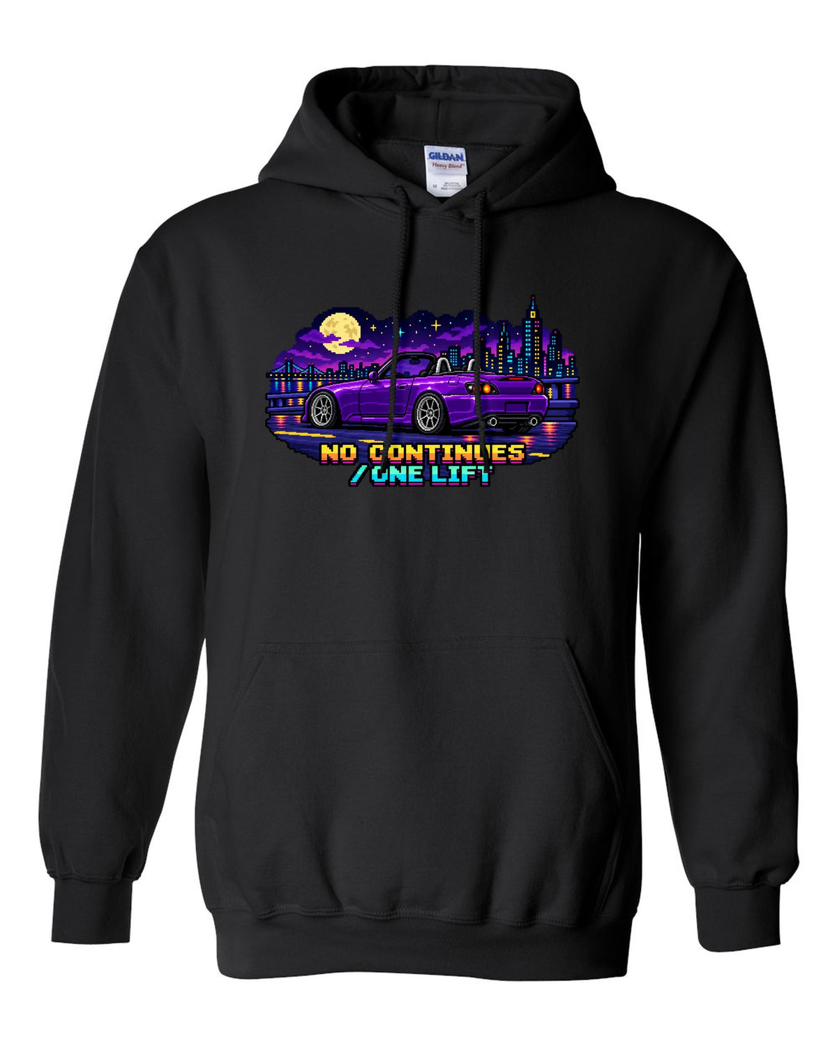 16-bit pixel art Honda S2000 AP2 roadster print with no continues one lift text black pull over hoodie front view with the design