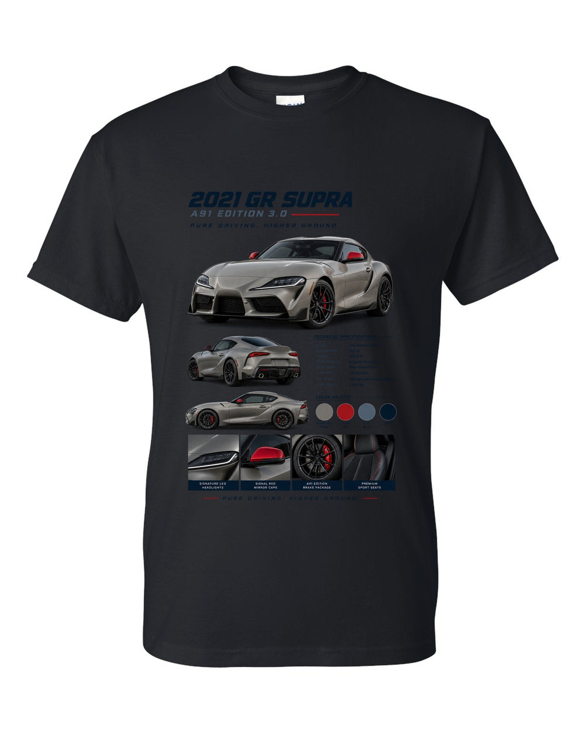 Dossier panel layout of the 2021 Toyota GR Supra A91 Edition in warm grey pearl with red mirror caps black t-shirt front view with the design