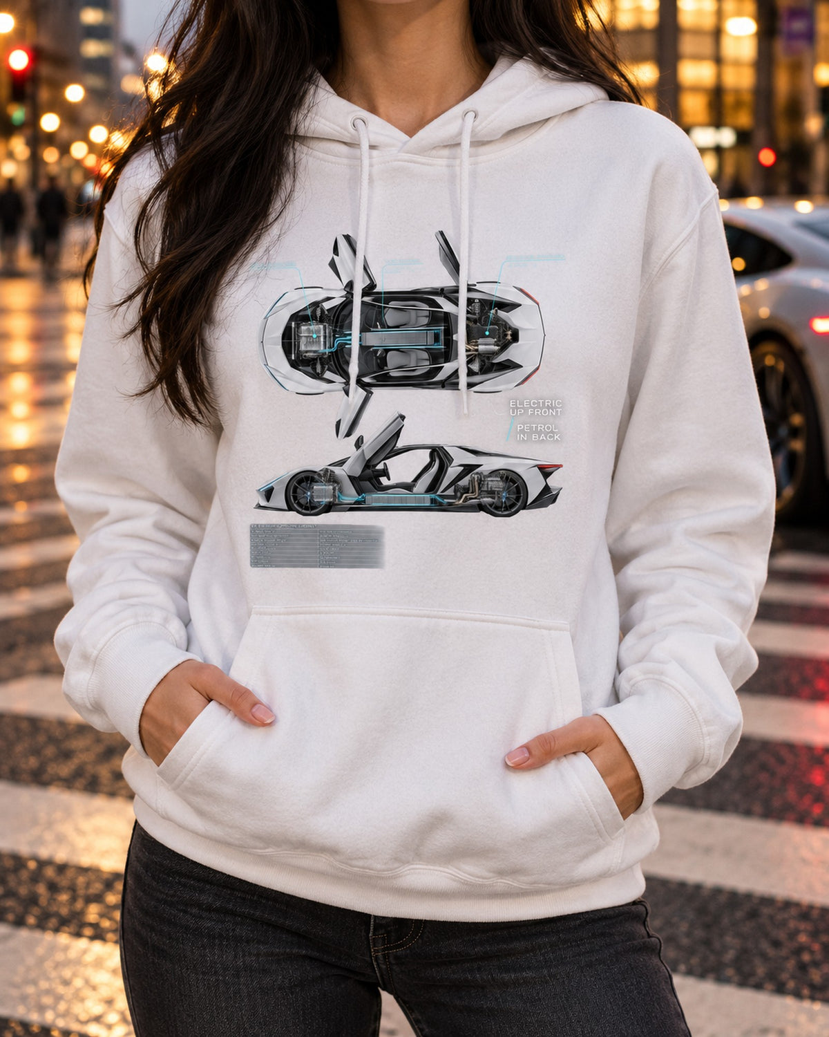 BMW i8 I12 Spec Poster Shirt, Electric Front Petrol Rear Pull Over Hoodie White worn hero
