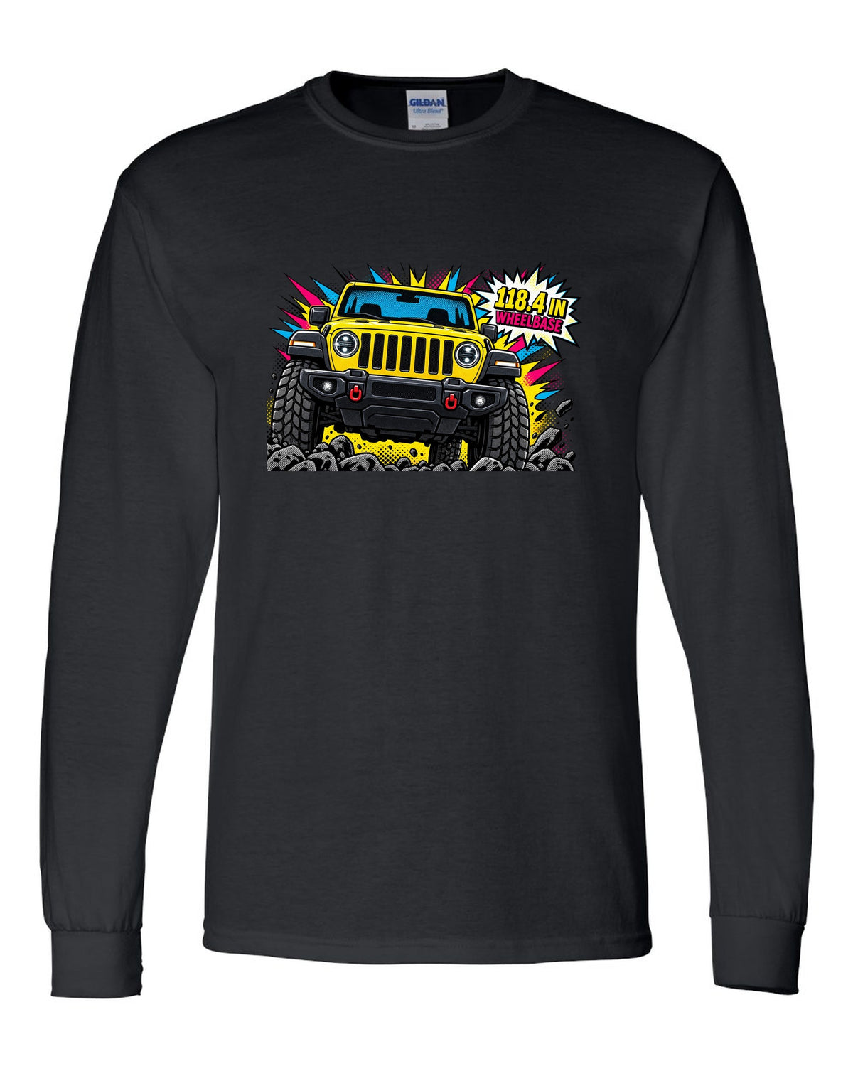 Jeep Wrangler JLU grille and headlight comic halftone pop art with 118.4 in wheelbase text black long sleeve front view with the design