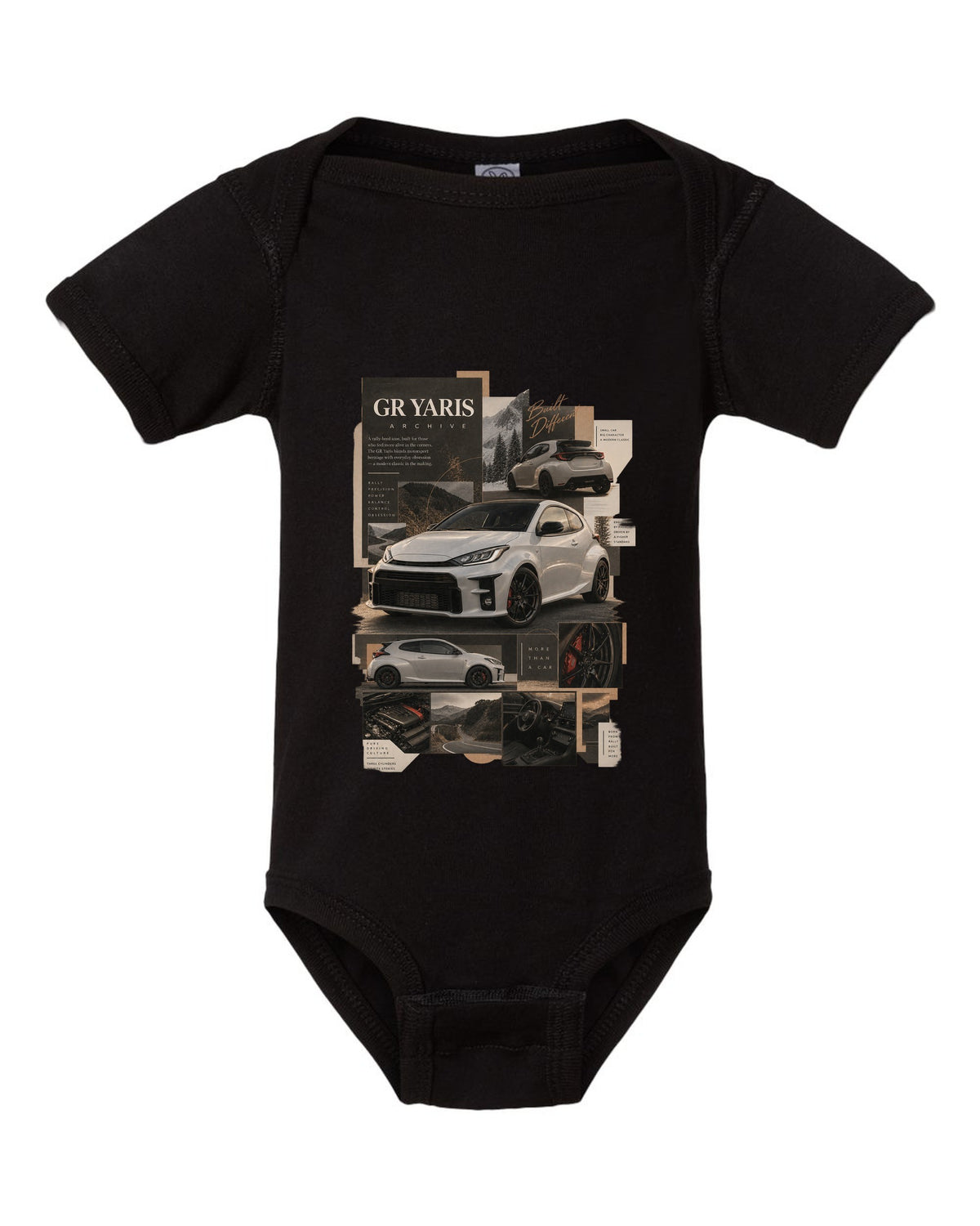 Three-view spec sheet of the Toyota GR Yaris XP210 three-door black baby onesie front view with the design