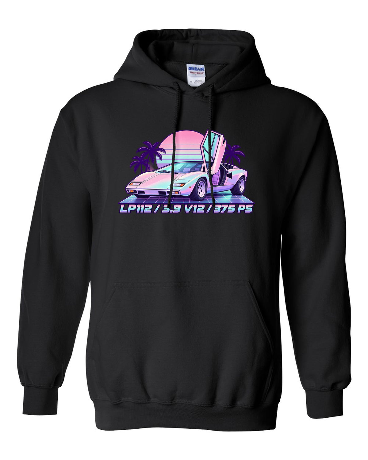 Pastel vaporwave Lamborghini Countach LP400 with LP112, 3.9 V12 and 375 PS lettering black pull over hoodie front view with the design