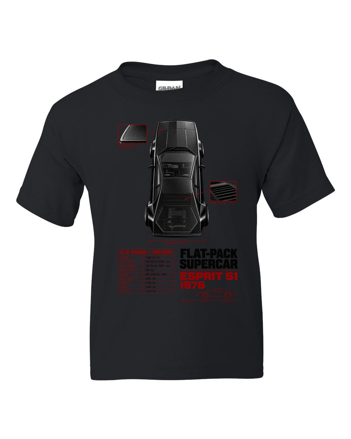 Lotus Esprit S1 top-down spec poster with 2.0 four and 160 bhp black kids tee front view with the design