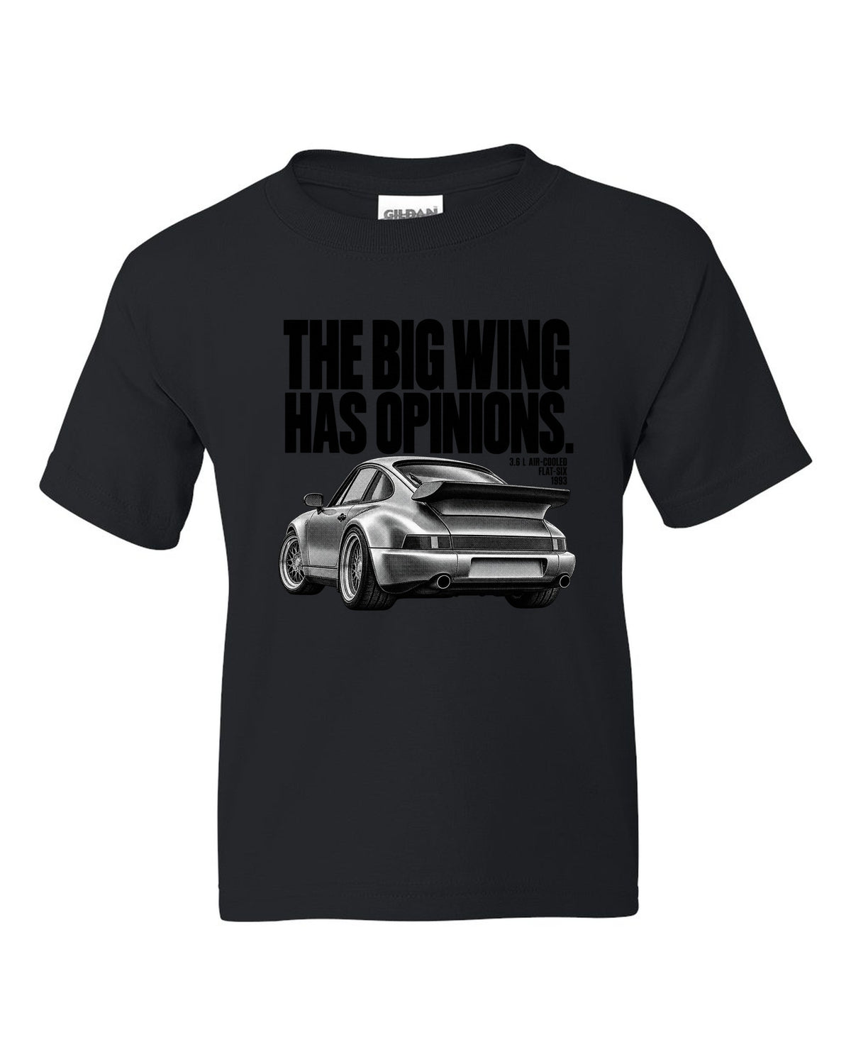 Halftone print of a Porsche 911 Turbo 3.6 964 with whale tail wing black kids tee front view with the design