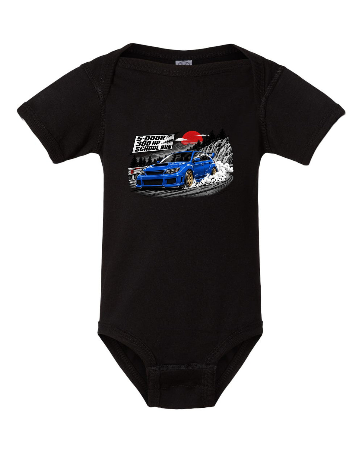 Subaru WRX STI GRB chback in a retro manga halftone panel, 5-DOOR / 300 HP / SCHOOL RUN black baby onesie front view with the design