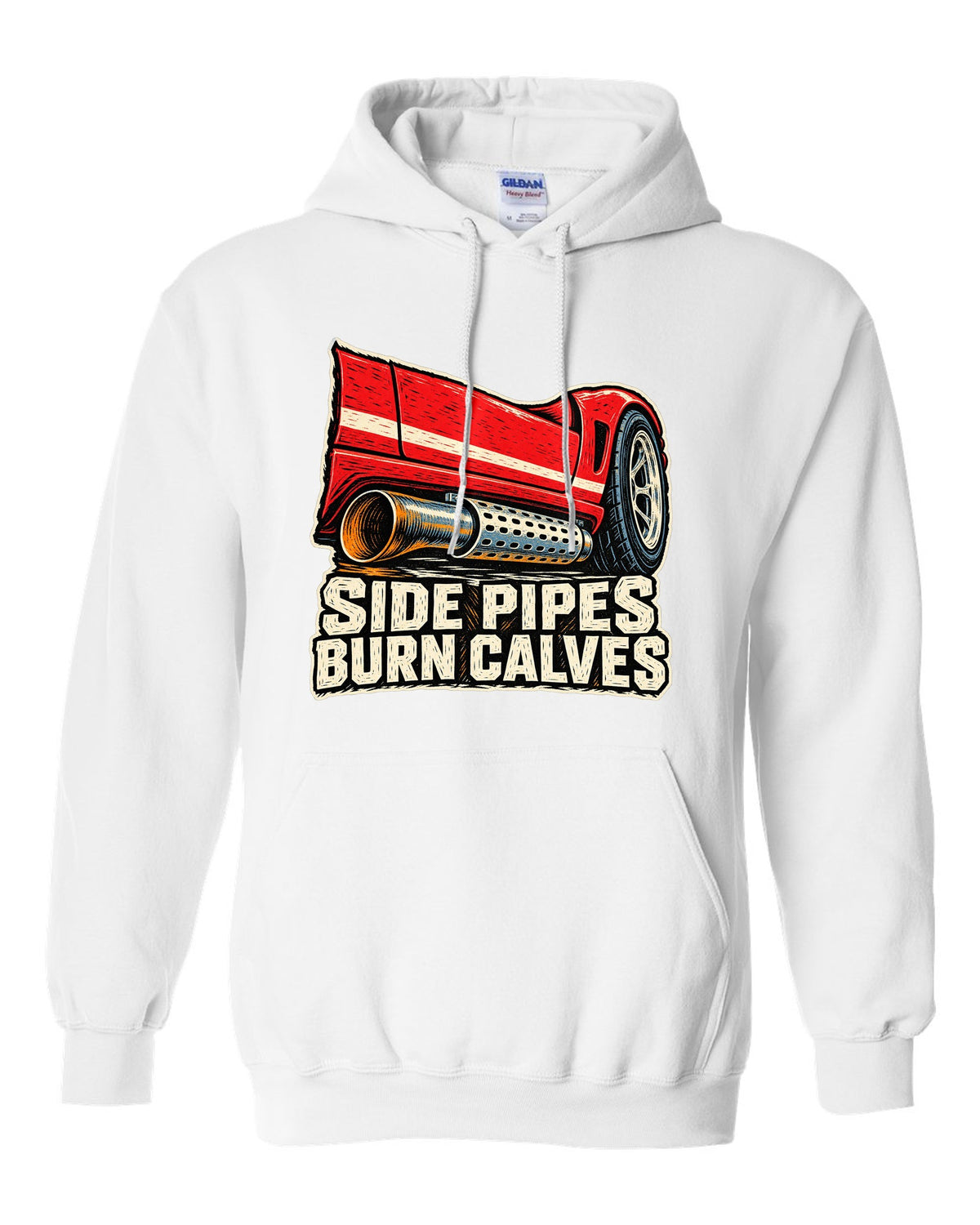 Dodge Viper RT/10 Side Pipe Linocut white pull over hoodie front view with the design