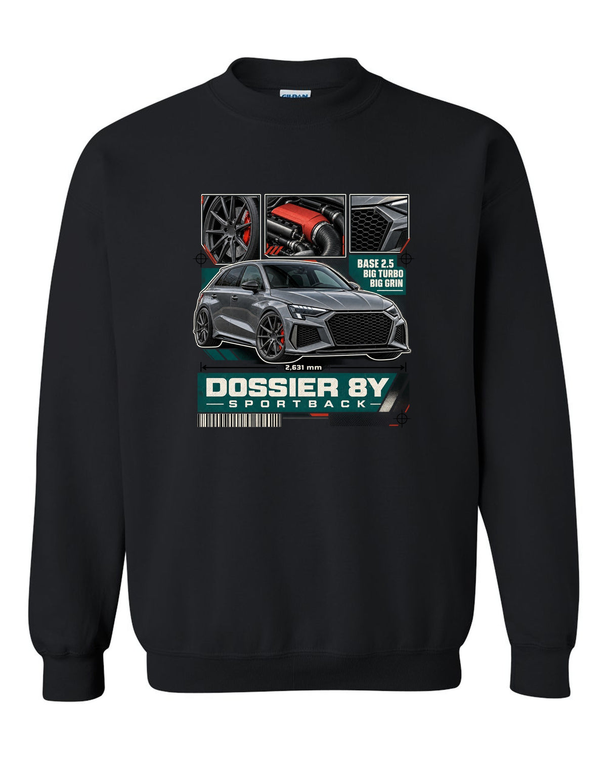 Three-panel dossier of an Audi RS3 8Y Sportback pre-facelift black crewneck front view with the design