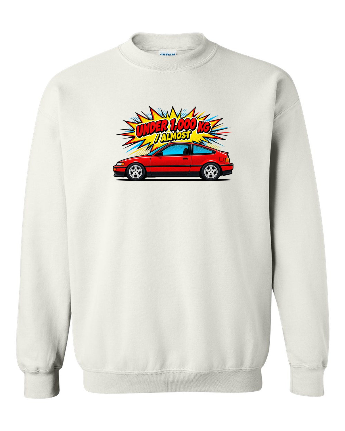 Pop-art Ben-Day halftone print of a Honda CRX EF8 Si with under 1,000 kg almost text white crewneck front view with the design