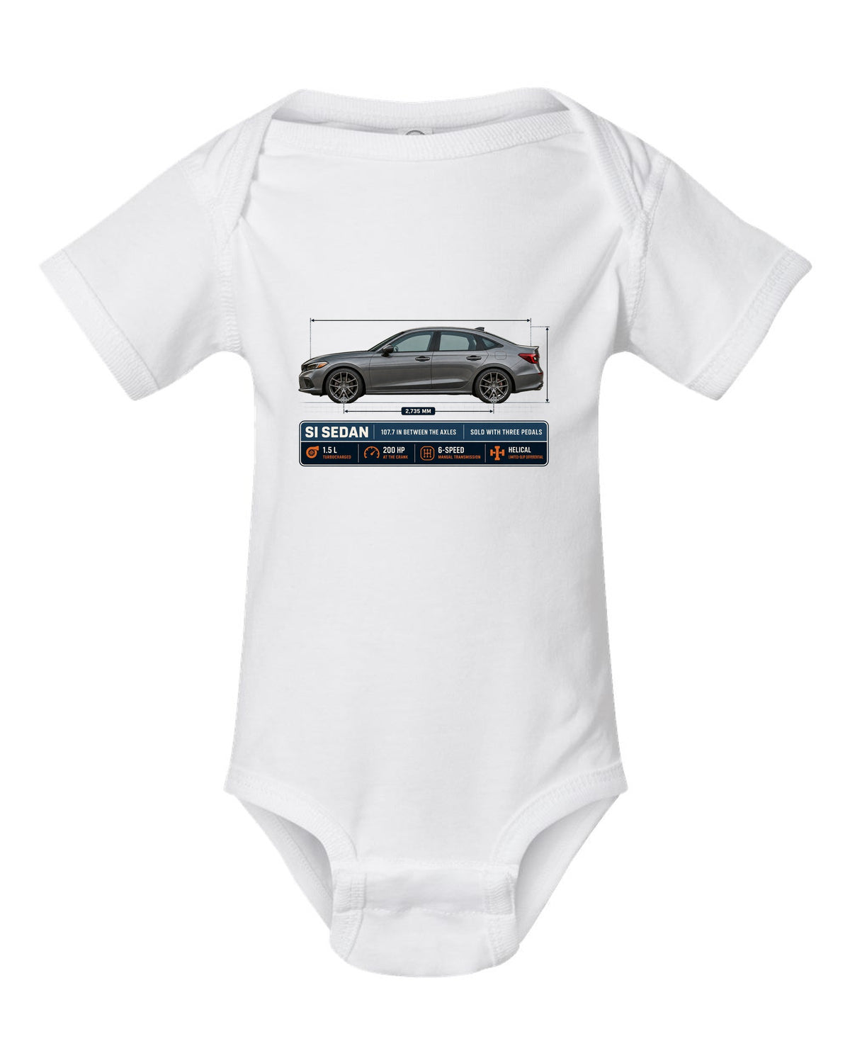 Civic Si FE1 Sedan Dimension Blueprint white baby onesie front view with the design
