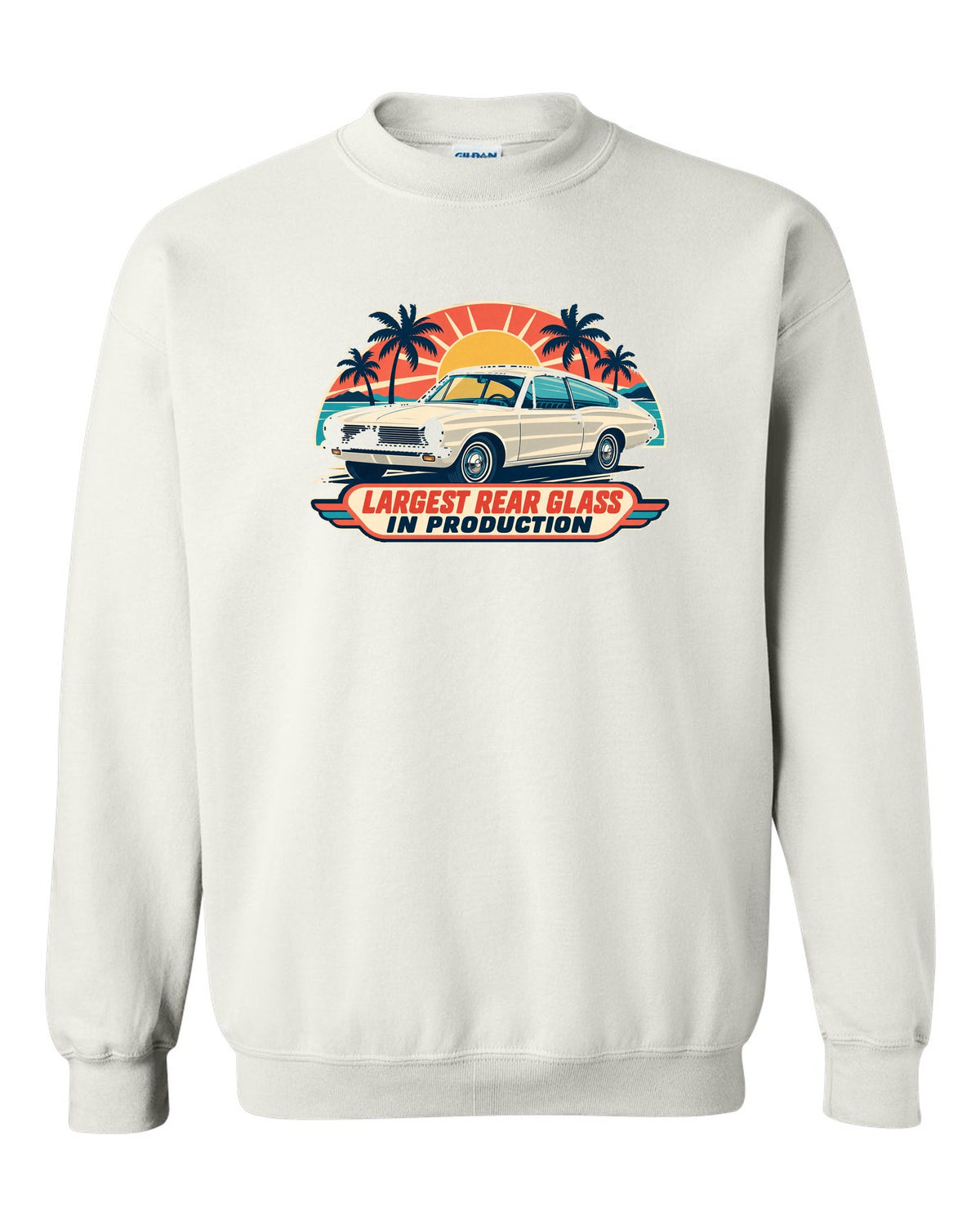Mid-century travel poster print of a 1965 Plymouth Barracuda fastback white crewneck front view with the design