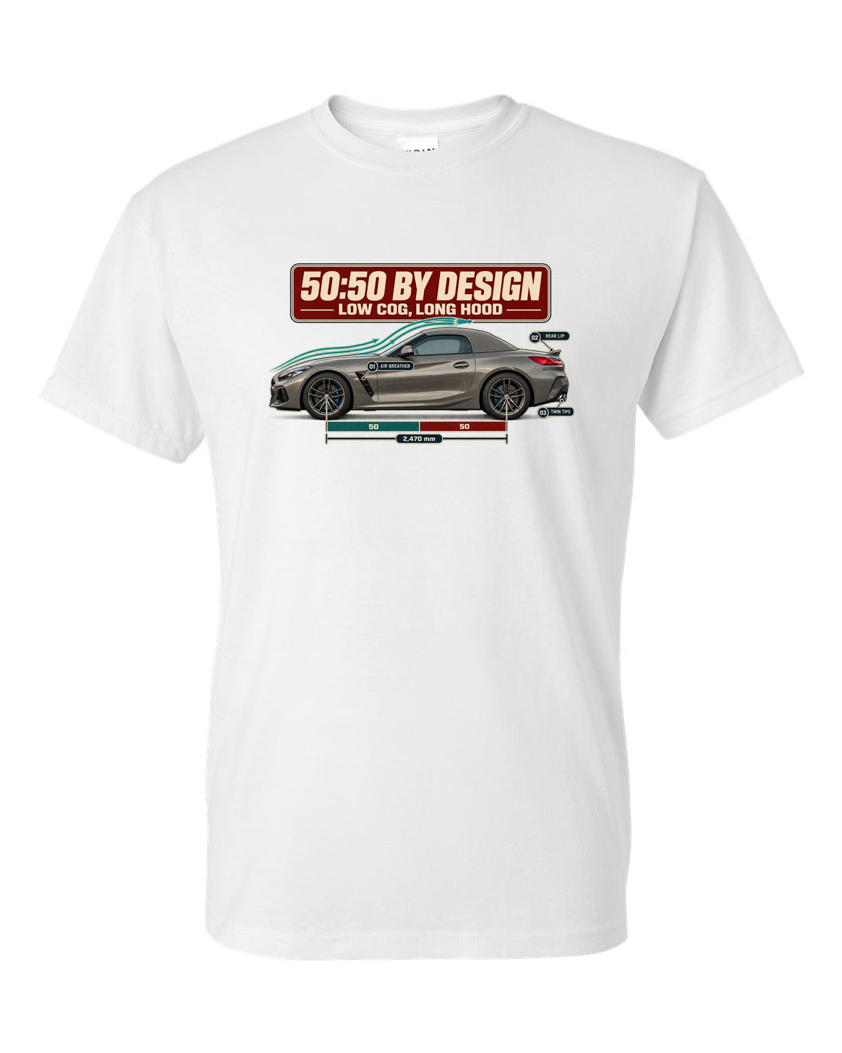 Aero cutaway callout print of the BMW Z4 G29 with 50:50 and long hood notes white t-shirt front view with the design