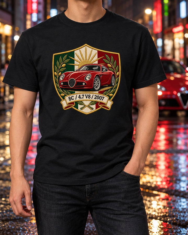 Alfa Romeo 8C Competizione Varsity Crest Shirt, 4.7 V8 T-Shirt Black worn hero