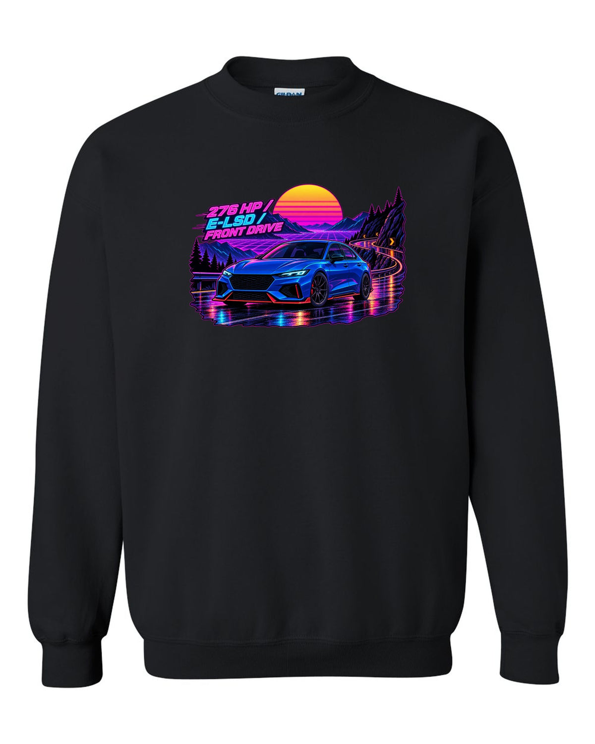 Hyundai Elantra N CN7 synthwave wet road print with 276 HP and E-LSD text black crewneck front view with the design