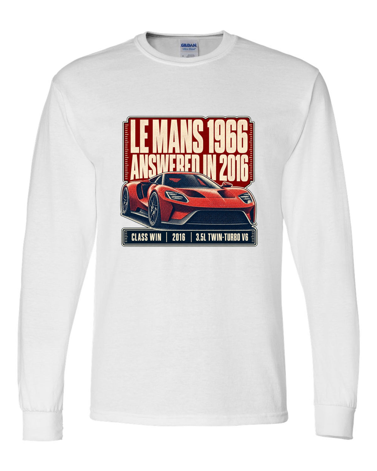 Halftone print of a Ford GT low front three-quarter with Le Mans 1966 and 2016 text white long sleeve front view with the design