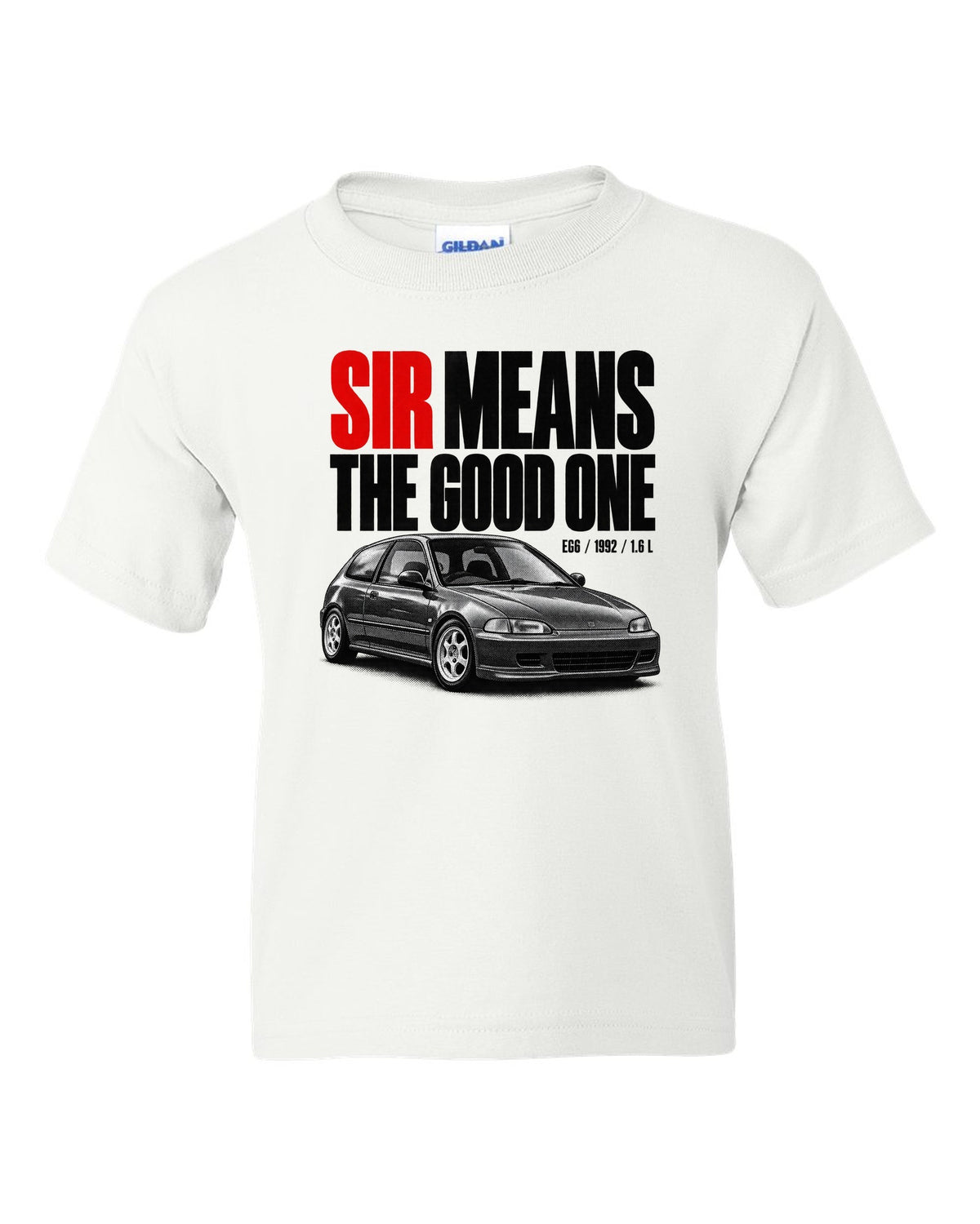 Halftone print of a 1992 Honda Civic EG6 SiR chback with SiR text white kids tee front view with the design