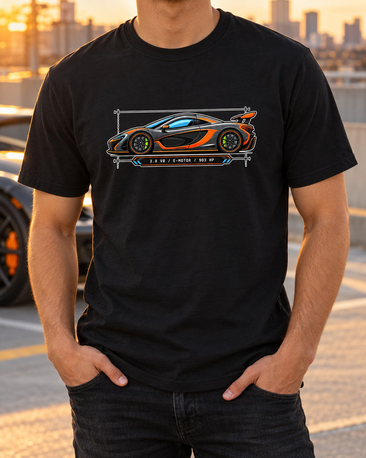 McLaren P1 Data Plate Shirt, Hybrid V8 Spec Sheet print T-Shirt Black worn hero