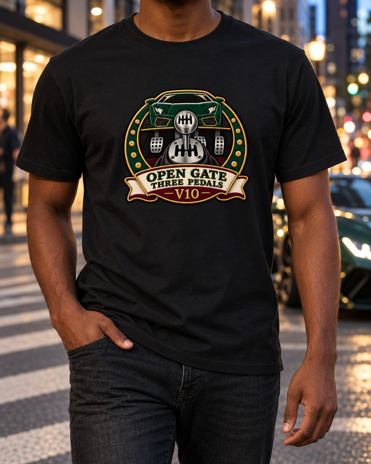 Gallardo Gated Six-Speed Crest Tee, Open Gate Manual Shirt T-Shirt Black worn hero