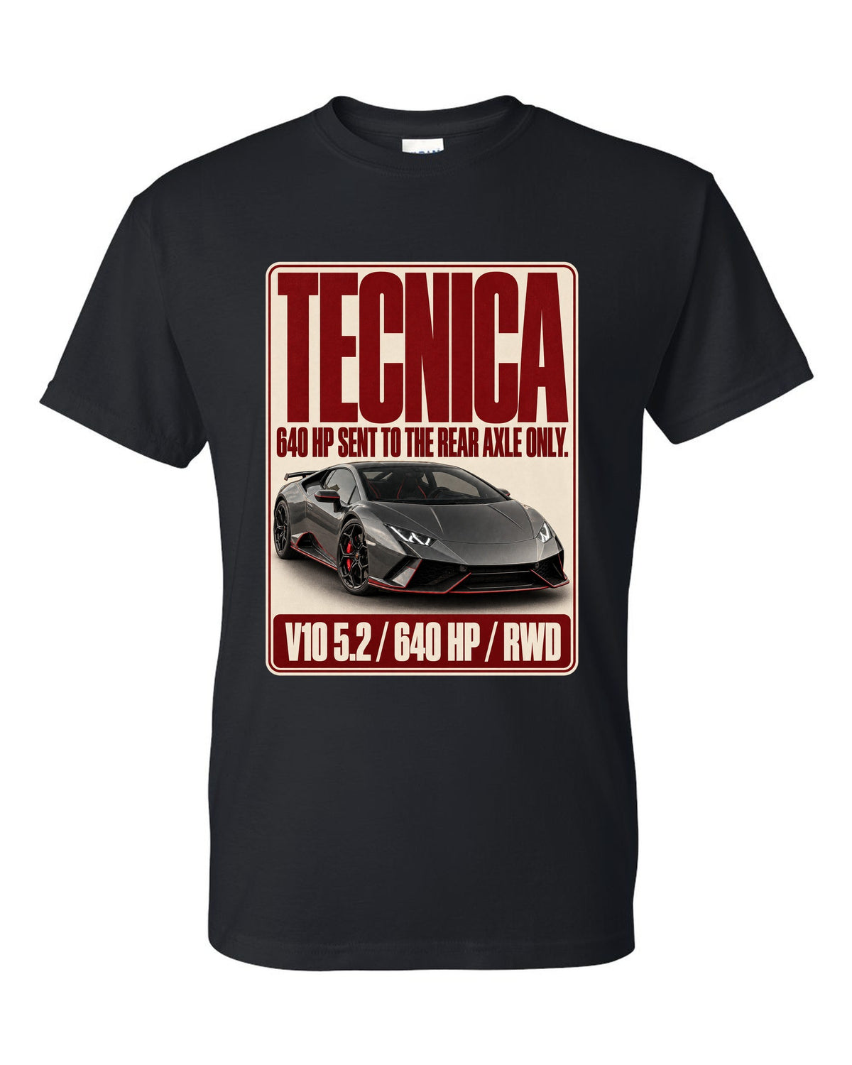 Editorial headline print of the Lamborghini Huracan Tecnica black t-shirt front view with the design
