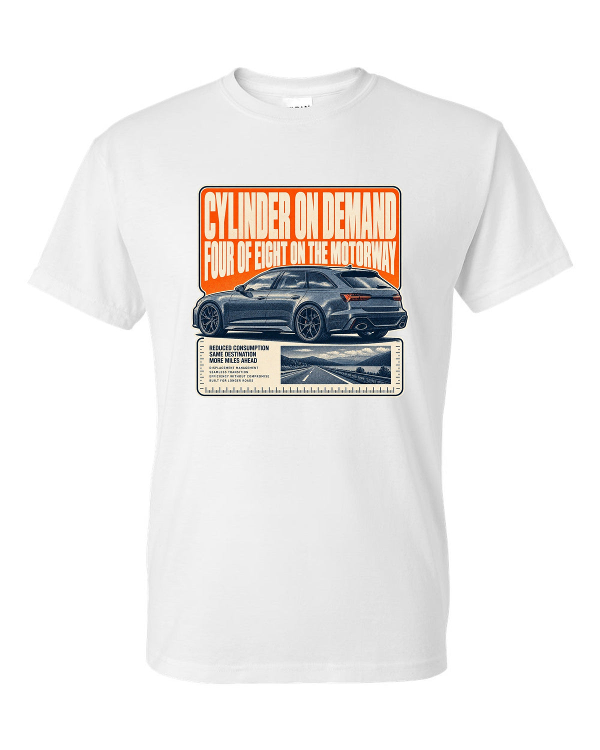 Audi RS6 Avant C8 wagon halftone statement print white t-shirt front view with the design