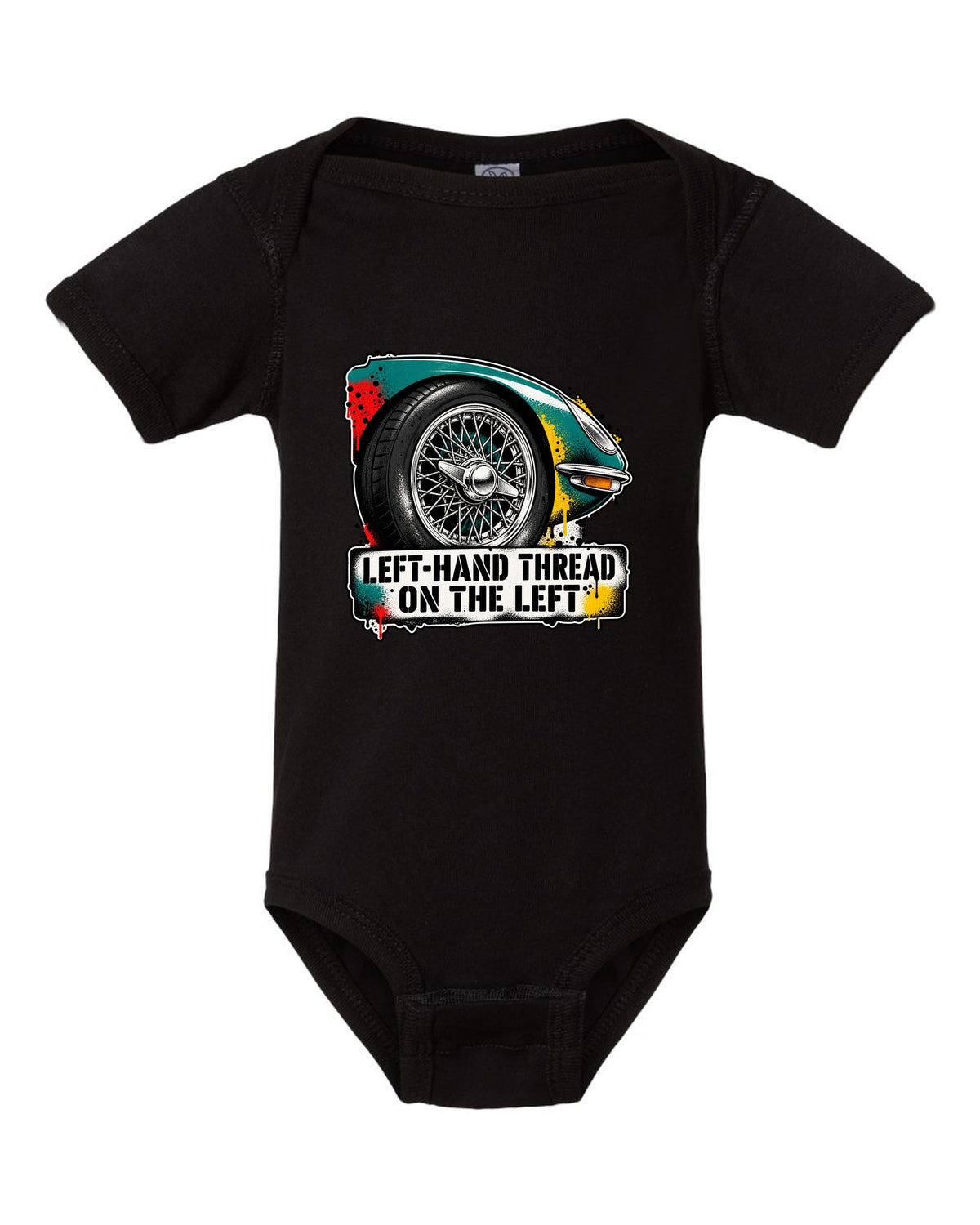Jaguar E-Type Series 1 stencil spray with LEFT-HAND THREAD ON THE LEFT lettering black baby onesie front view with the design