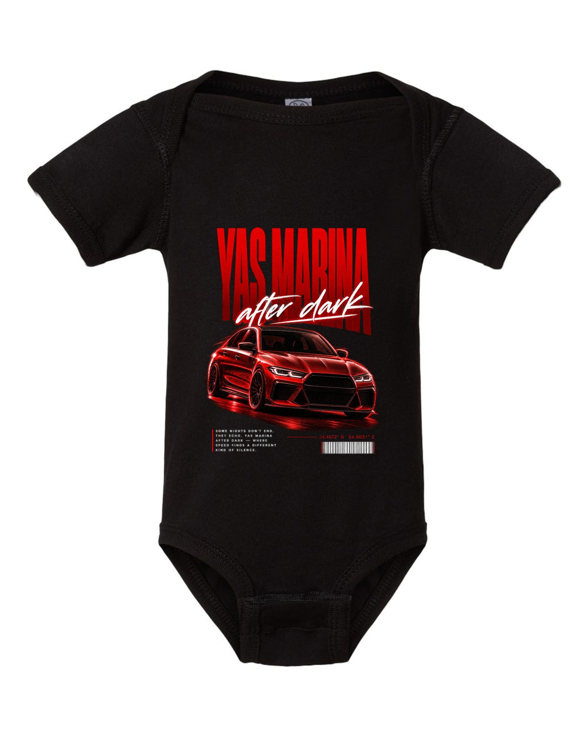 BMW F80 M3 sedan night street poster print with Yas Marina lettering black baby onesie front view with the design