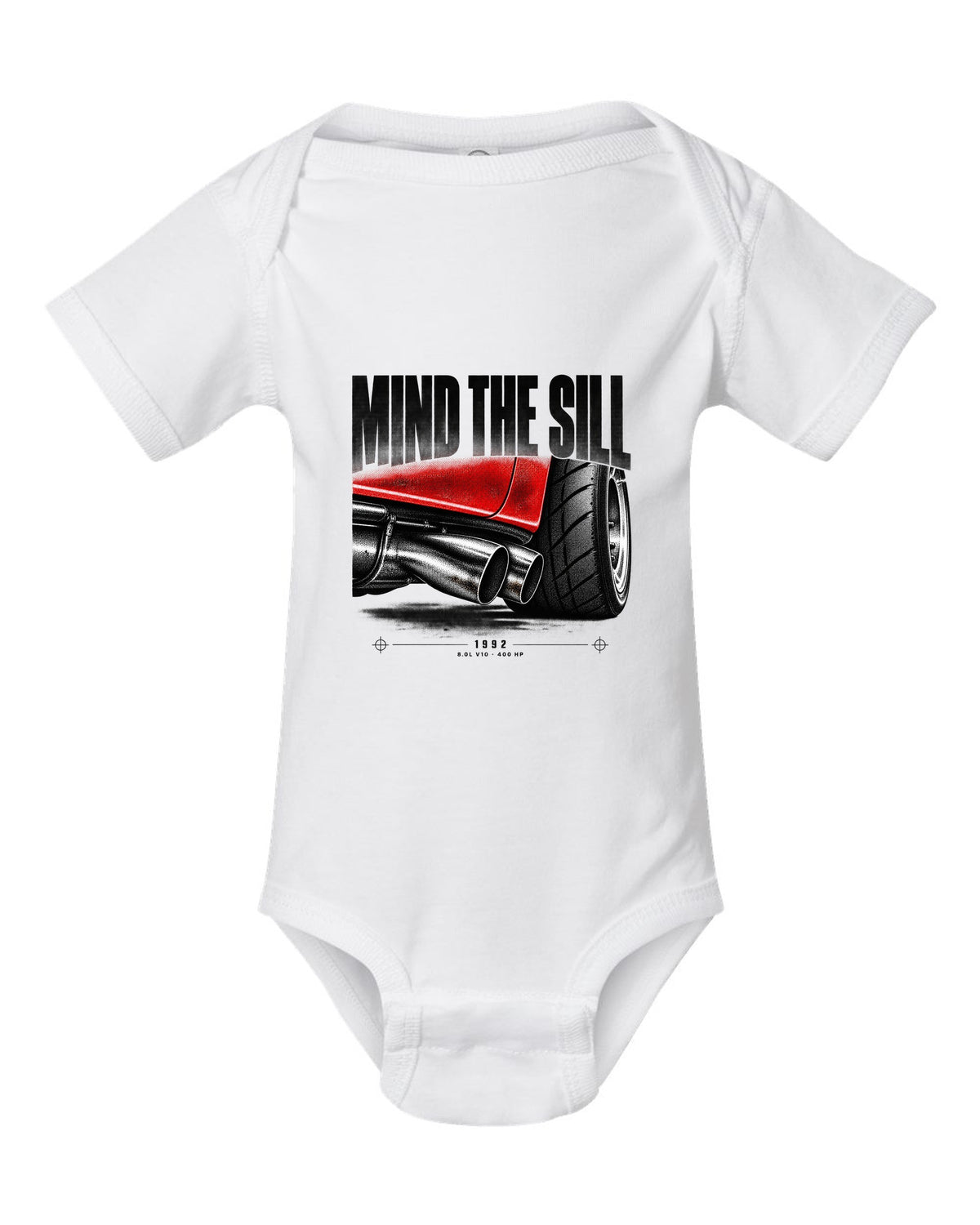 1992 Dodge Viper RT/10 SR I taillight macro print with Mind the Sill lettering white baby onesie front view with the design