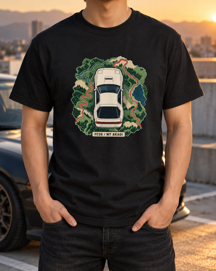 Mazda RX-7 FC3S Mt Akagi Contour Map Shirt, Touge Gift T-Shirt Black worn hero