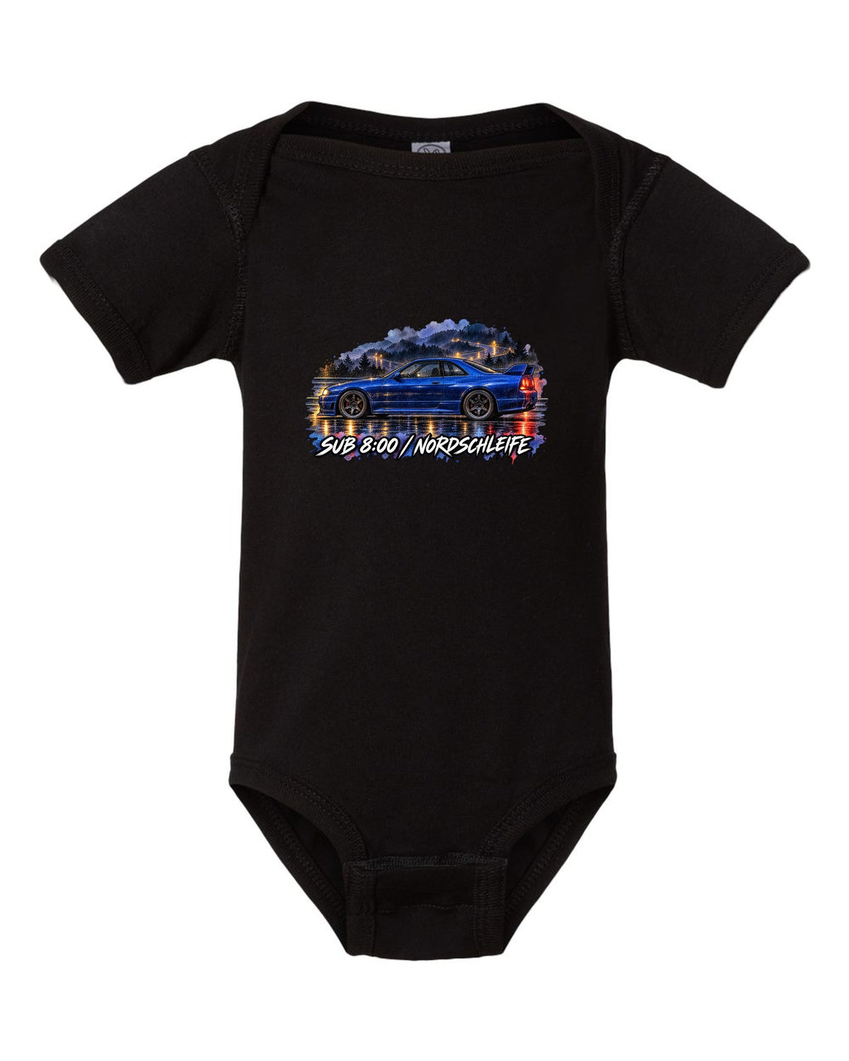 Watercolour wet-road night print of a Champion Blue Nissan Skyline GT-R R33 BCNR33 black baby onesie front view with the design