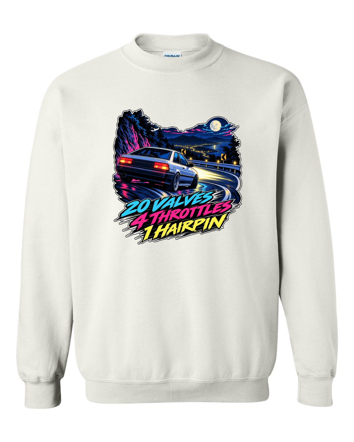 Cel-shaded 90s anime night touge scene of a Toyota Corolla AE101 with valves and throttles lettering white crewneck front view with the design