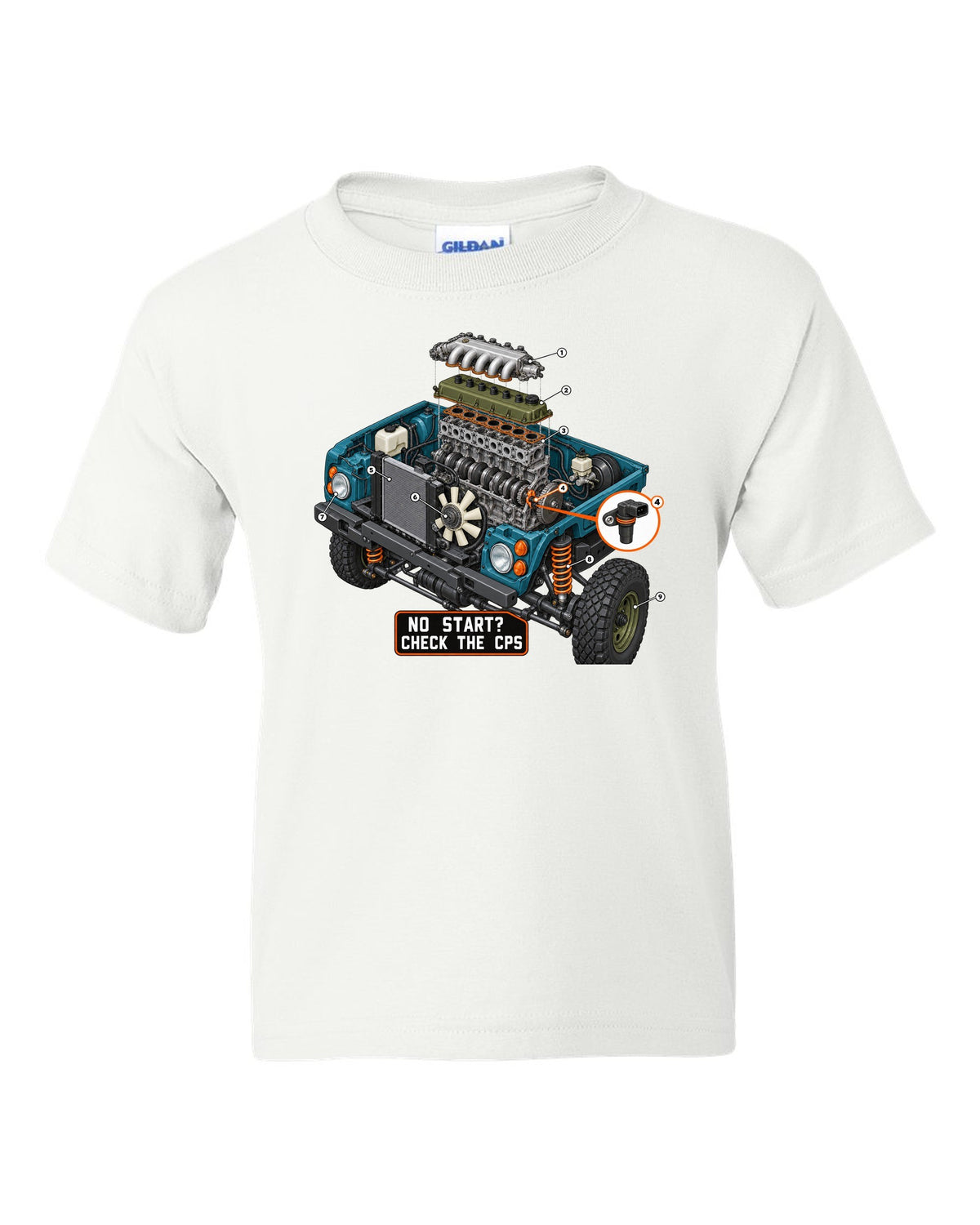 Exploded cutaway engine print of a Jeep Wrangler TJ with check the CPS text white kids tee front view with the design