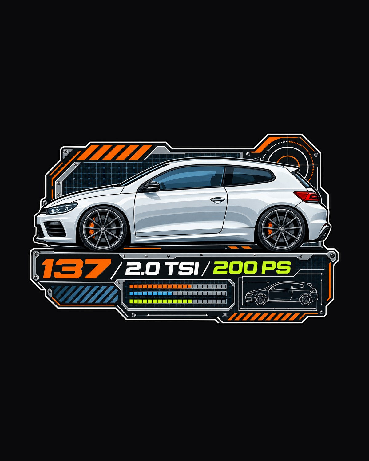 VW Scirocco Mk3 2.0 TSI 200 PS Spec Sheet Data Plate Shirt design only