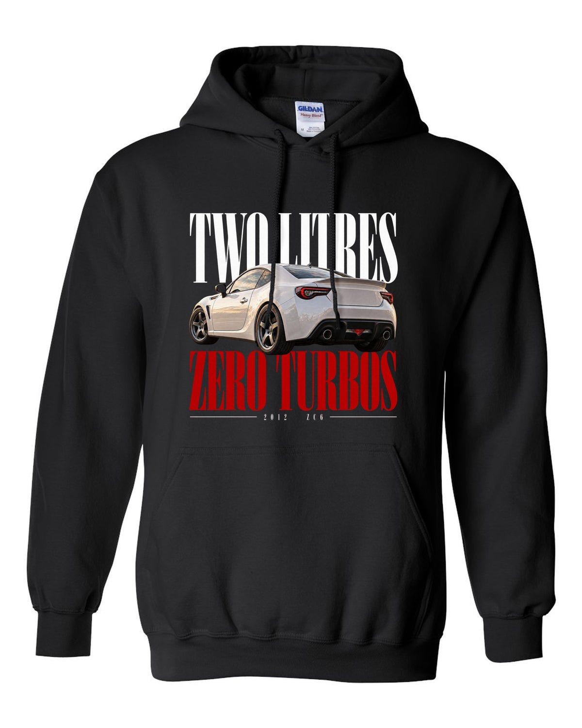Editorial headline print for the Subaru BRZ ZC6 reading Two Litres, Zero Turbos, ZC6, 2012 black pull over hoodie front view with the design